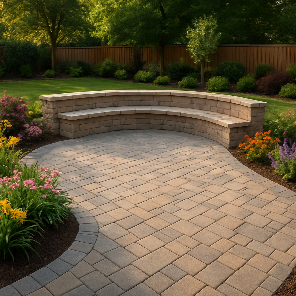 Finished backyard with a stone paver patio, built-in seating wall and surrounding flower beds