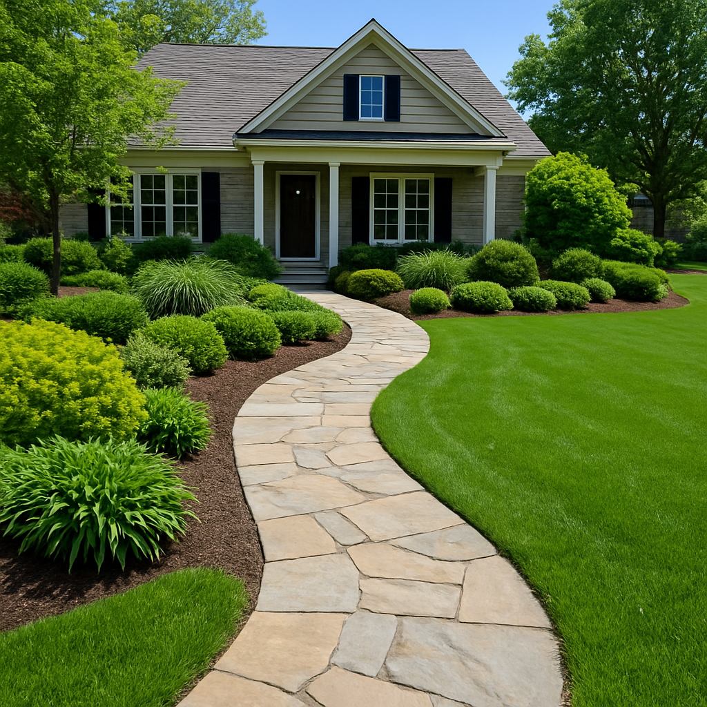 Manicured front yard with a curved stone walkway and layered green plantings