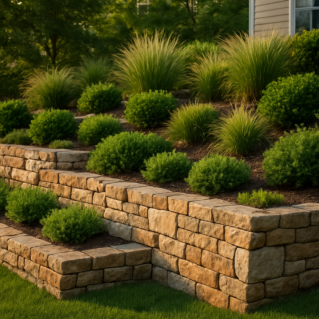 Natural stone retaining wall with terraced garden beds of shrubs and ornamental grasses