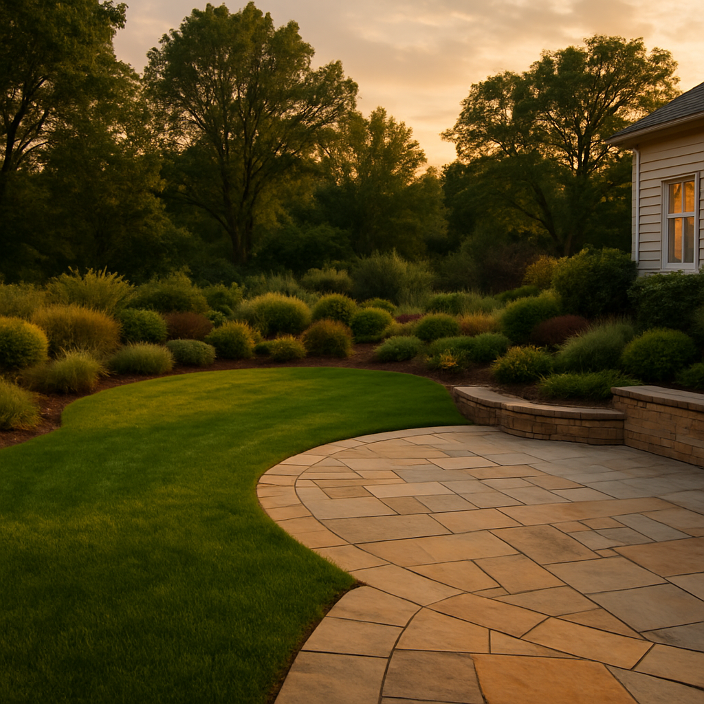 Beautifully landscaped backyard at golden hour with a manicured lawn, stone patio and layered garden beds