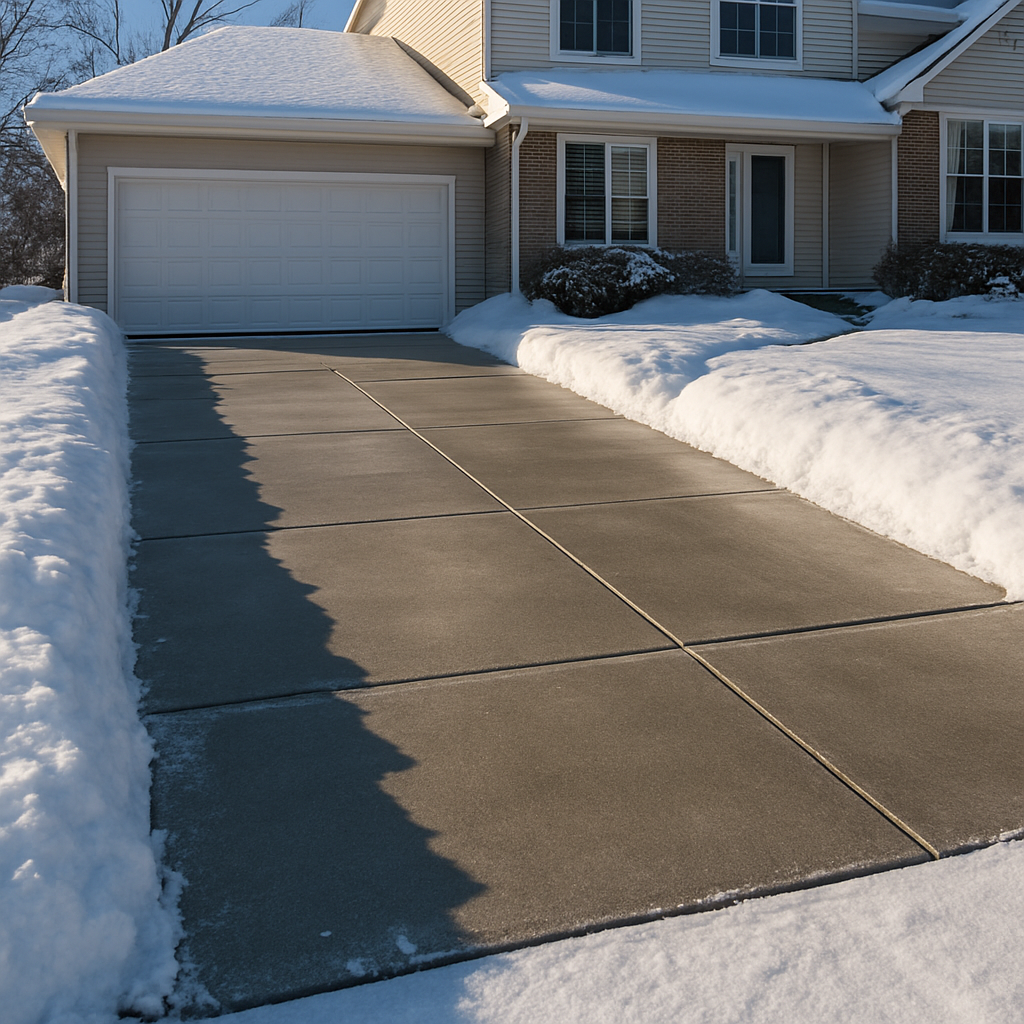 Freshly plowed and cleared residential driveway and walkway after snowfall
